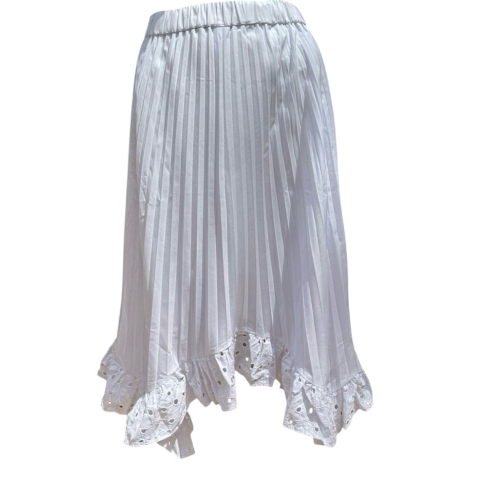 Boston Proper NWT White Pleated Eyelet Boho Midi Skirt Handkerchief Hem Size XS - Picture 1 of 16